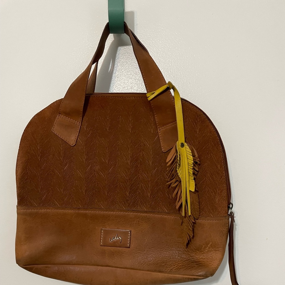 Velez Camel Brown Genuine Leather Suede Feather design top handle zip close bag